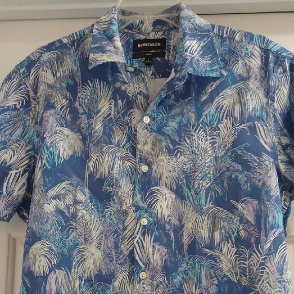 Bonobos Blue Tropical Palm-Print Slim Fit Shirt, L - Picture 4 of 6